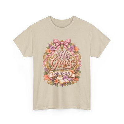 His Grace for Every Season Christian floral T-shirt in sand