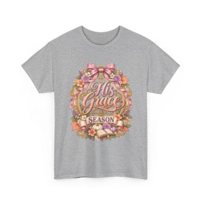 His Grace for Every Season Christian floral T-shirt in sport gray