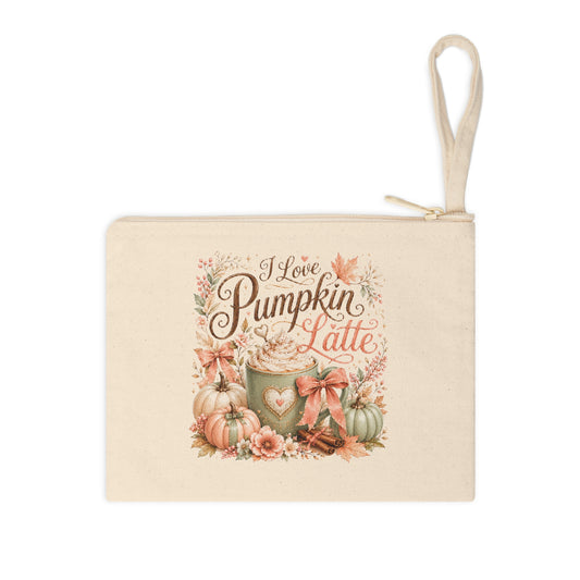 I Love Pumpkin Latte fall canvas wristlet pouch with pumpkins, latte, bows, and autumn florals