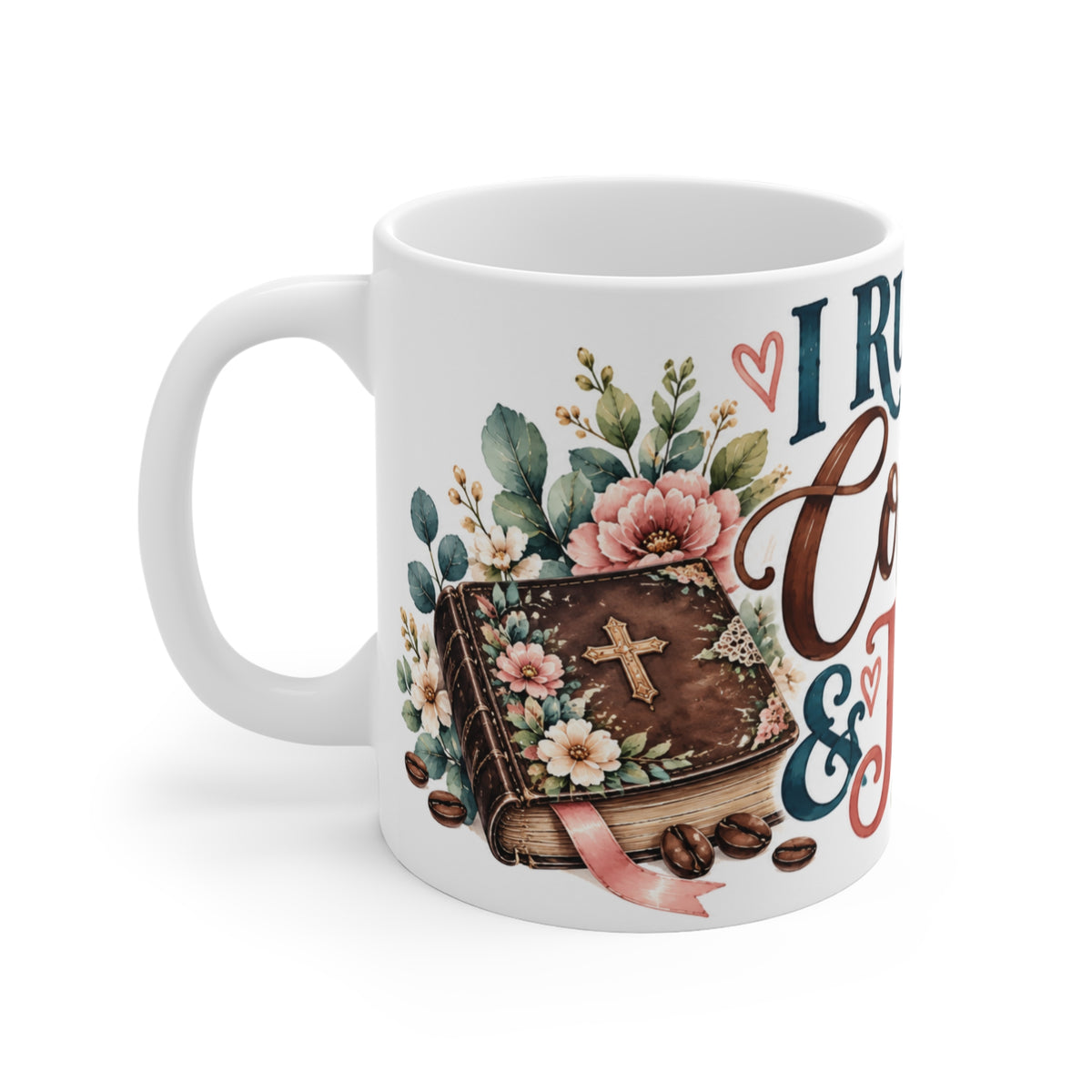Left side view of I Run on Coffee and Jesus mug with Bible and floral details