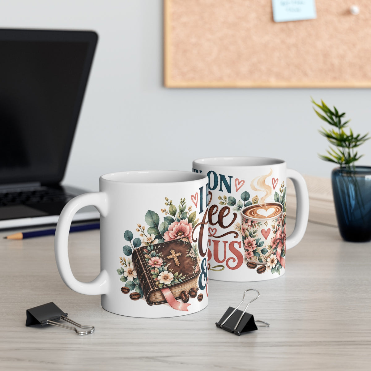 I Run on Coffee and Jesus ceramic mug shown from two angles on a desk