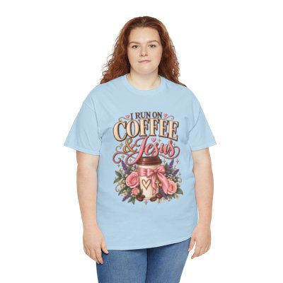 Woman wearing the I Run on Coffee and Jesus Christian T-shirt in light blue