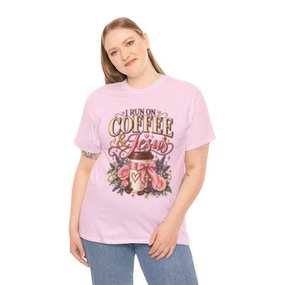 Woman wearing the I Run on Coffee and Jesus Christian T-shirt in light pink