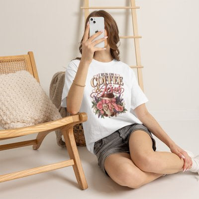Woman wearing the I Run on Coffee and Jesus Christian T-shirt in white