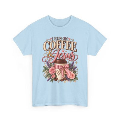 I Run on Coffee and Jesus Christian T-shirt in light blue