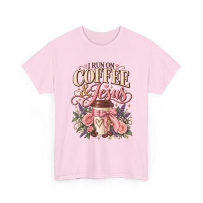 I Run on Coffee and Jesus Christian T-shirt in light pink
