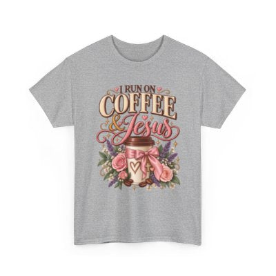 I Run on Coffee and Jesus Christian T-shirt in sport gray