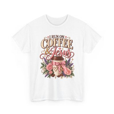 I Run on Coffee and Jesus Christian T-shirt in white