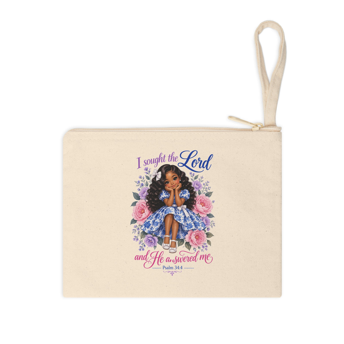 I Sought the Lord Psalm 34:4 Christian canvas wristlet pouch with girl and floral design