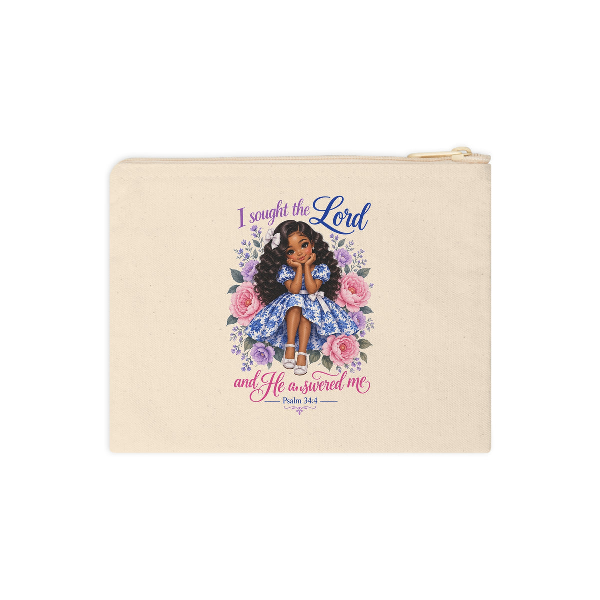 Front view of I Sought the Lord Psalm 34:4 Christian canvas pouch
