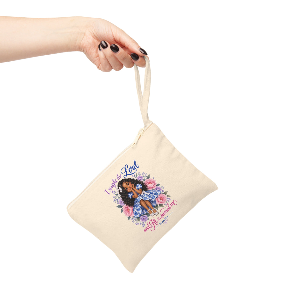 I Sought the Lord Psalm 34:4 canvas pouch hanging from wrist strap