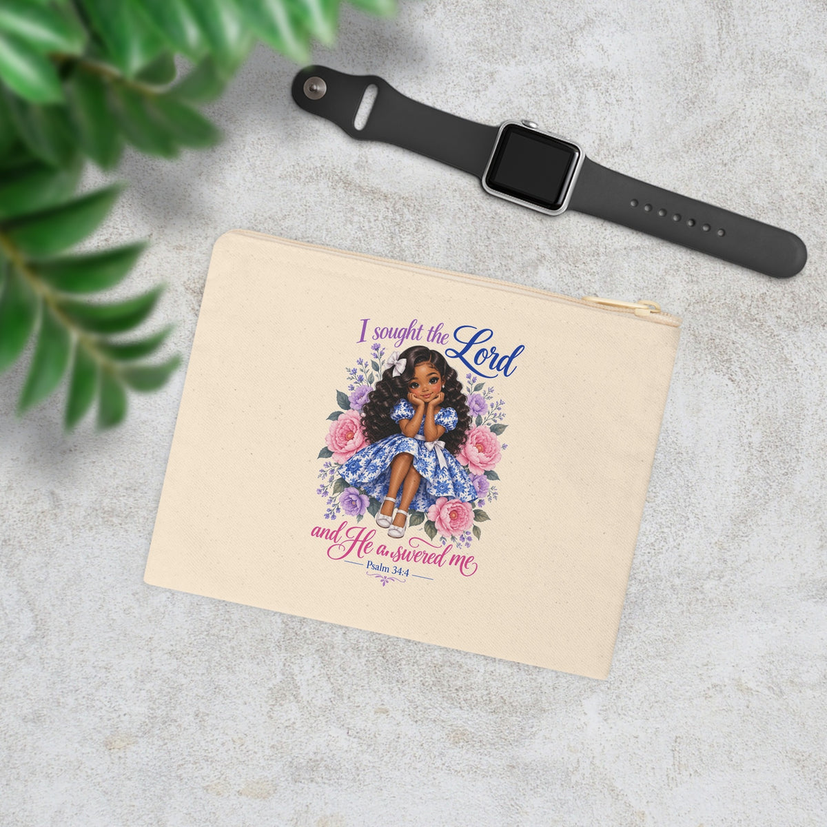 I Sought the Lord Psalm 34:4 canvas pouch lifestyle mockup