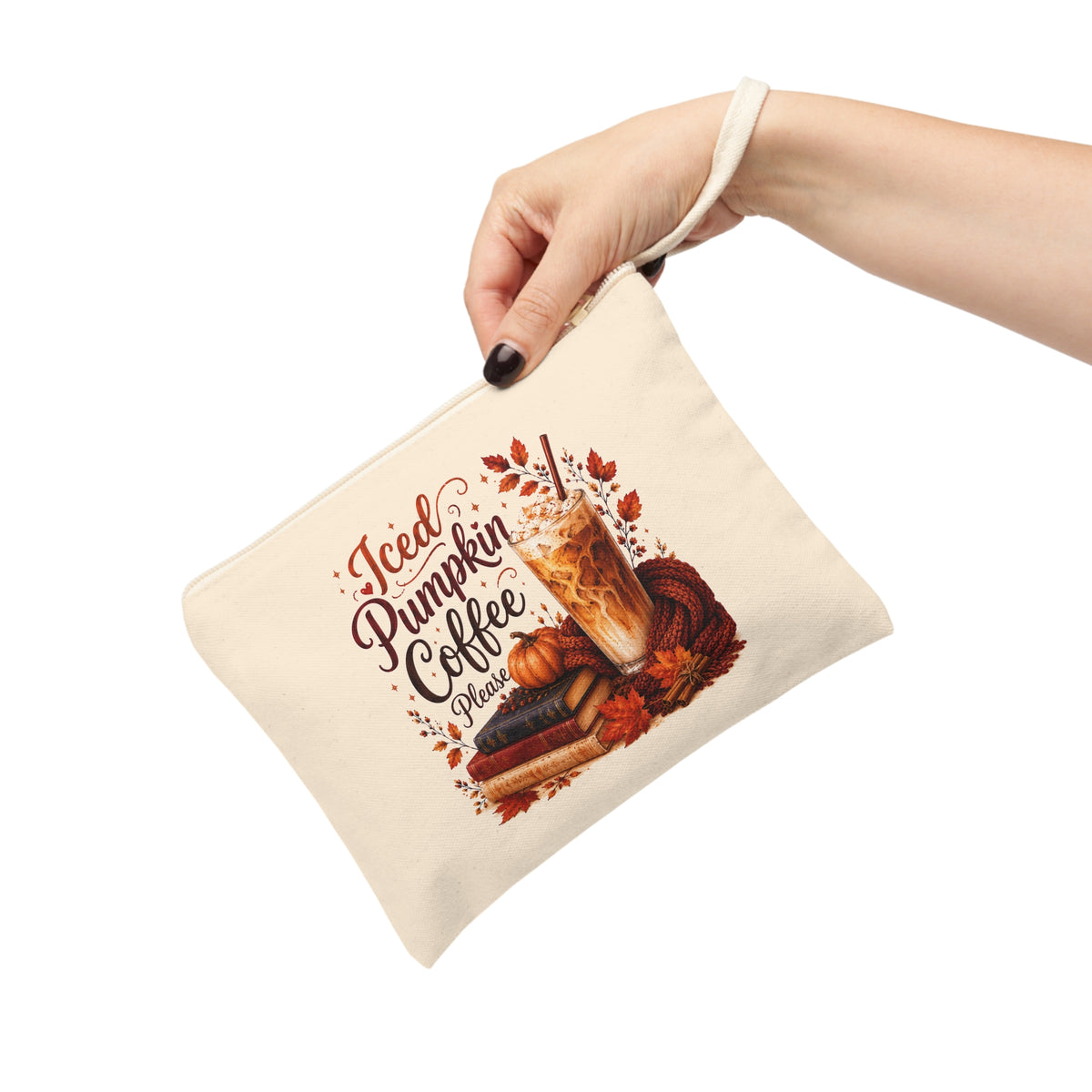 Hand holding Iced Pumpkin Coffee Please fall canvas pouch
