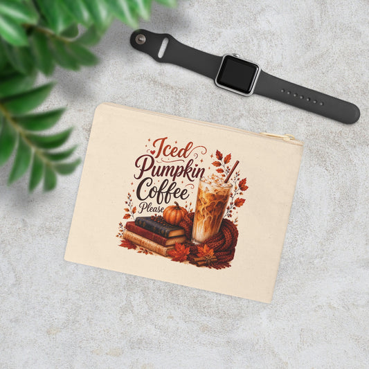 Iced Pumpkin Coffee Please fall canvas pouch shown beside a smartwatch