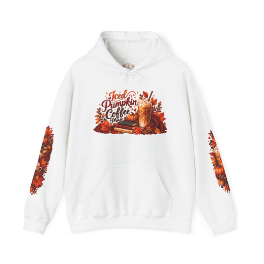 Iced Pumpkin Coffee Please fall hoodie in white with front and sleeve designs
