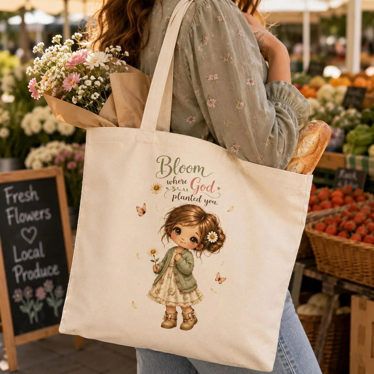 Bloom Where God Planted You Tote Bag, Christian Gift for Women