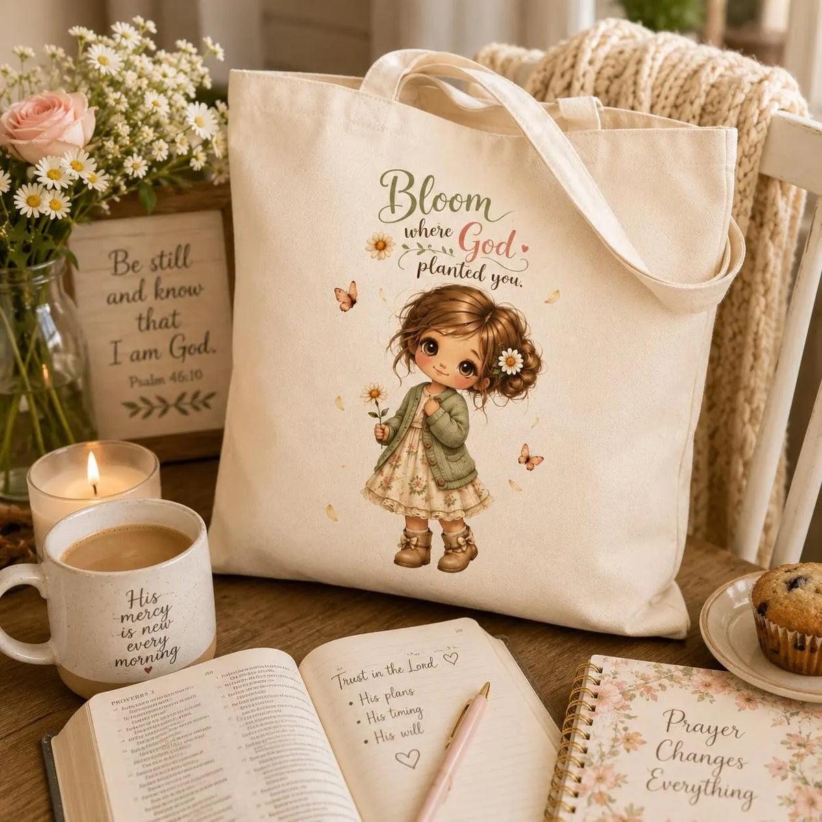 Bloom Where God Planted You Tote Bag, Christian Gift for Women