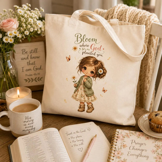 Bloom Where God Planted You Tote Bag, Christian Gift for Women