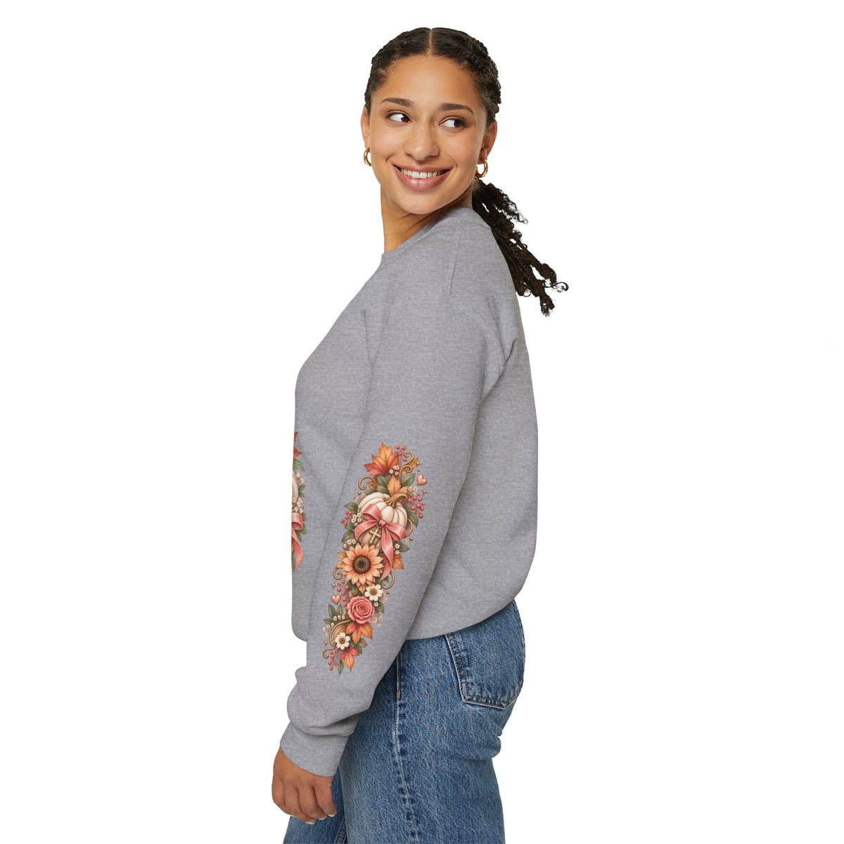 In Every Season He Is Faithful sweatshirt left sleeve detail in sport grey