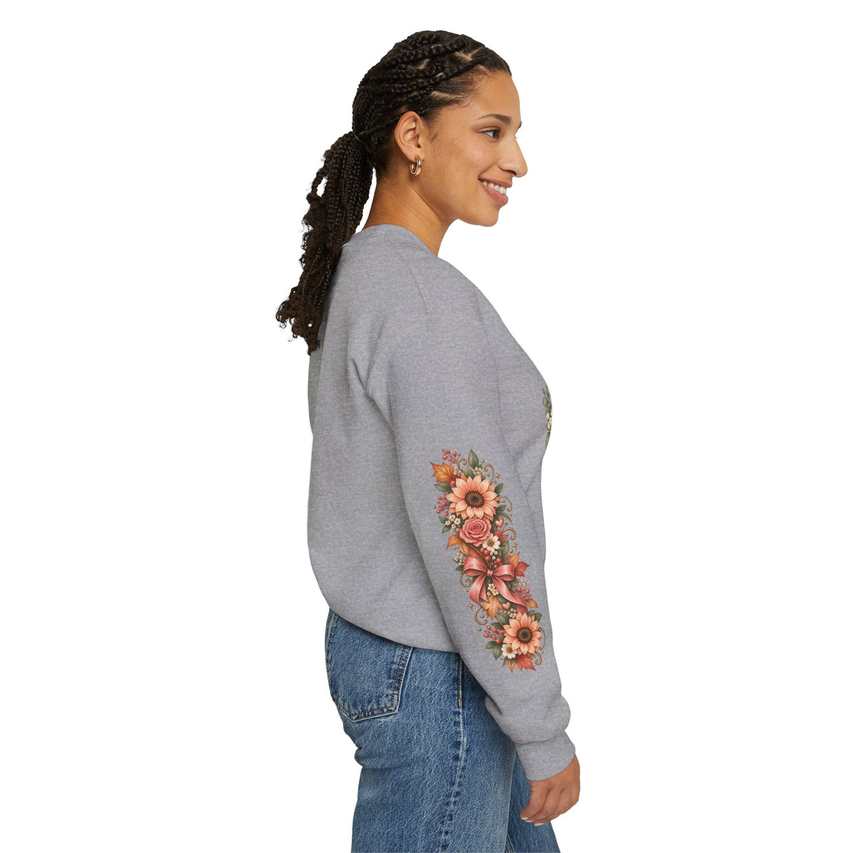 In Every Season He Is Faithful sweatshirt right sleeve detail in sport grey