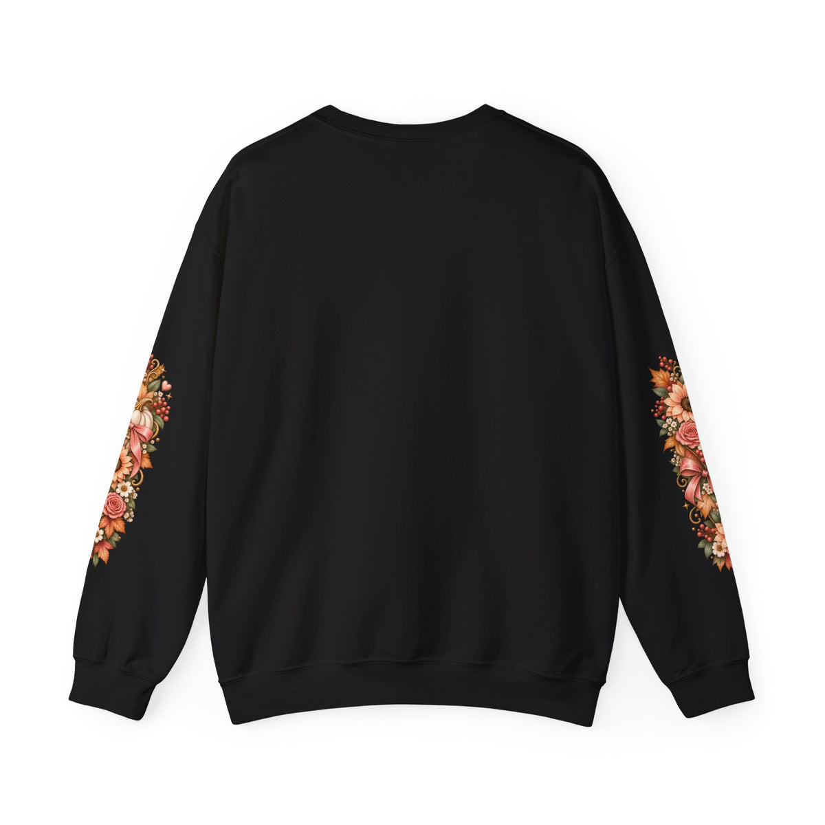 In Every Season He Is Faithful sweatshirt back view in black with floral sleeve designs