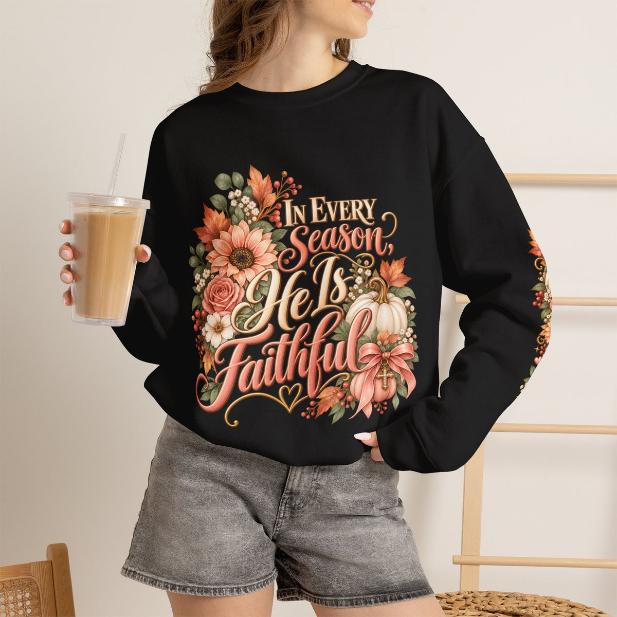 In Every Season He Is Faithful sweatshirt in black lifestyle view