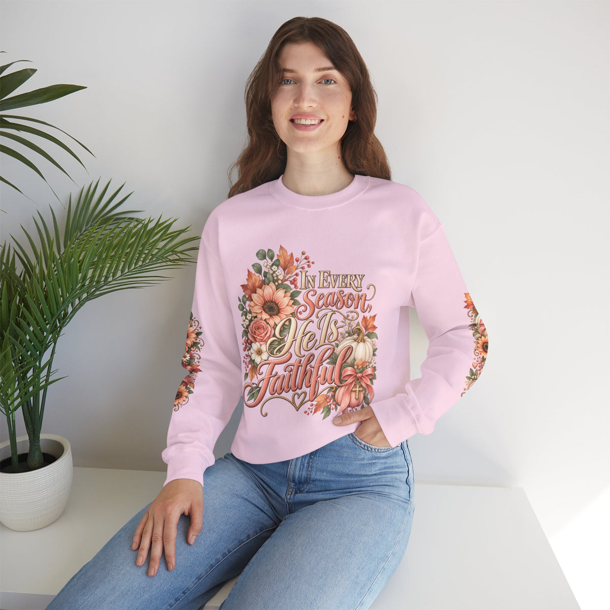 In Every Season He Is Faithful sweatshirt in light pink lifestyle view