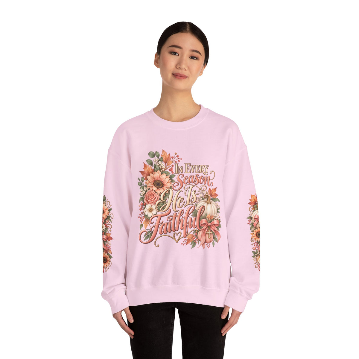 In Every Season He Is Faithful sweatshirt in light pink on model