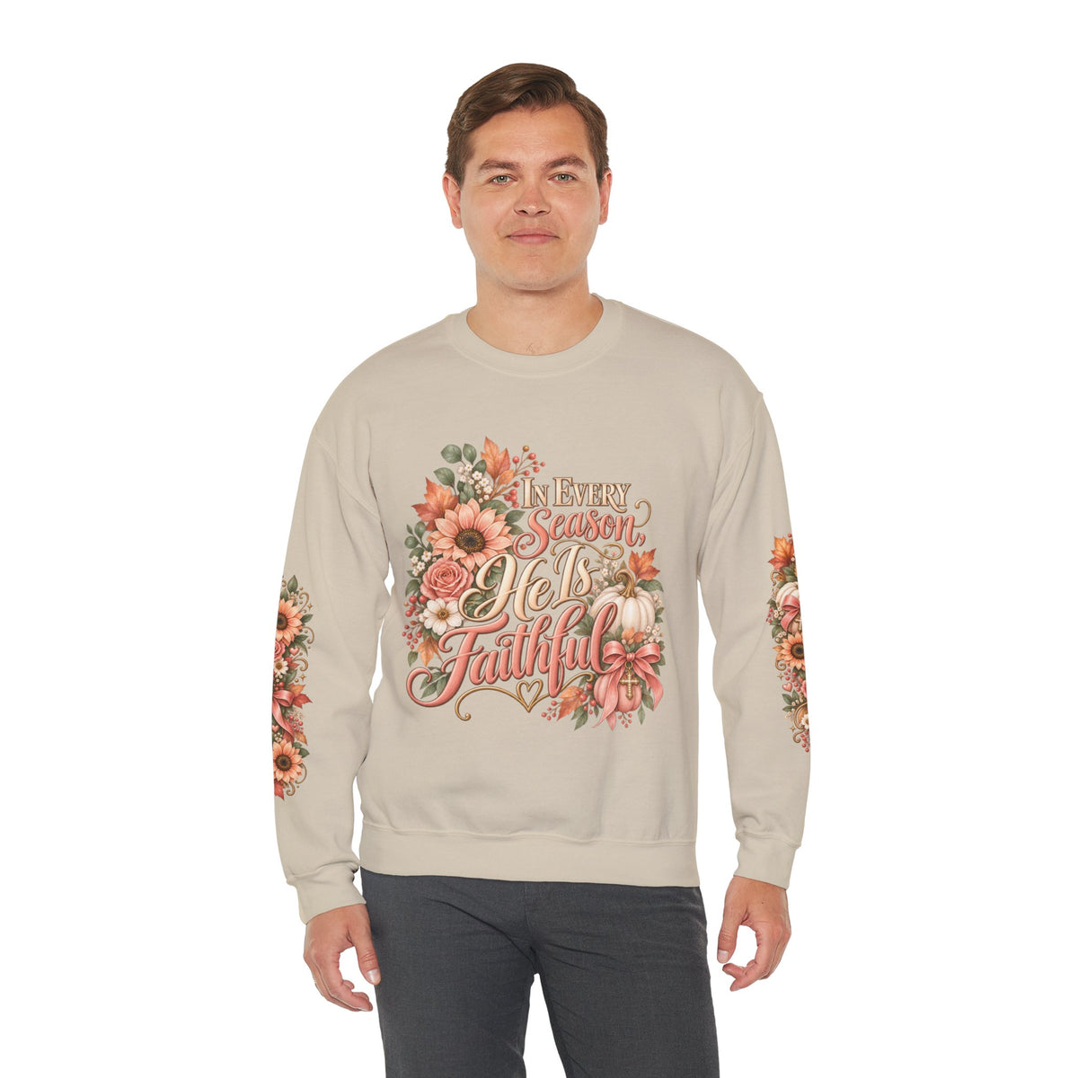 In Every Season He Is Faithful sweatshirt in sand on model