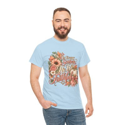 Man wearing the In Every Season He’s Faithful Christian floral T-shirt in light blue