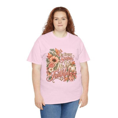 Woman wearing the In Every Season He’s Faithful Christian floral T-shirt in light pink