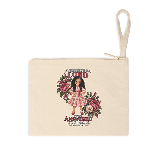 Christian canvas pouch with Jeremiah 20:7 faith girl floral design