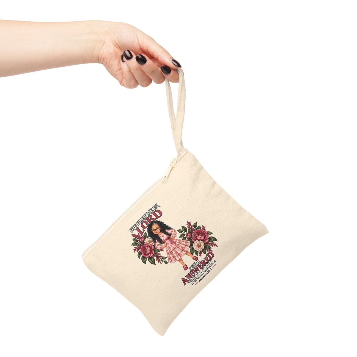 Christian faith canvas pouch with wrist strap and floral Jeremiah 20:7 design