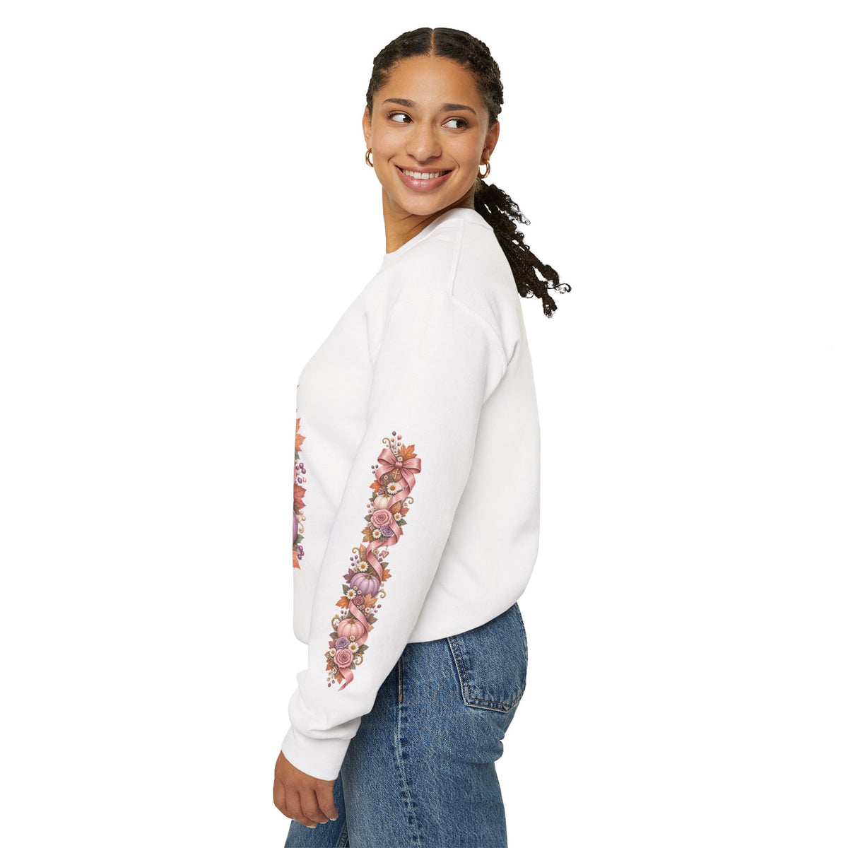 Jesus Is My Favorite Season sweatshirt left sleeve detail in white