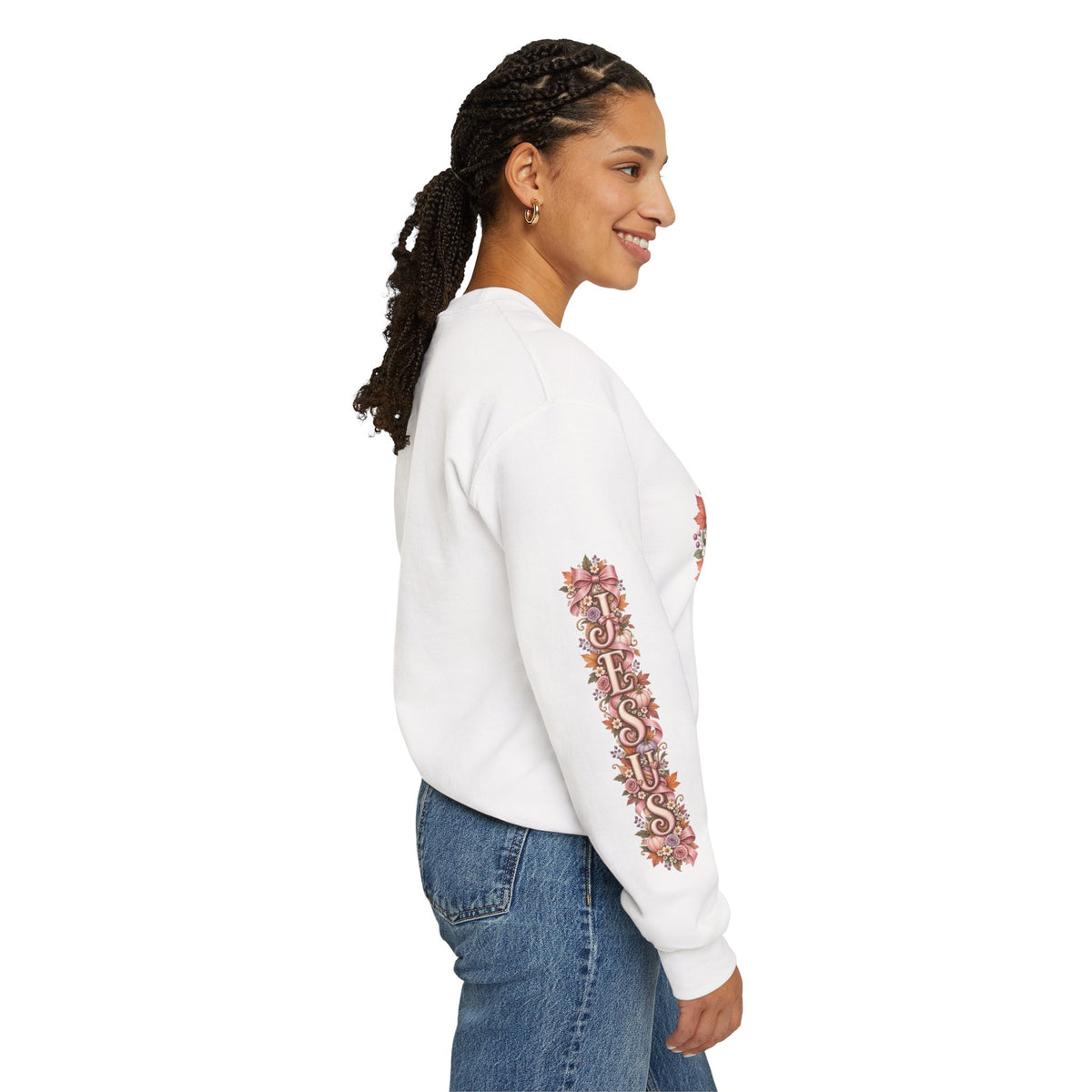 Jesus Is My Favorite Season sweatshirt right sleeve detail in white