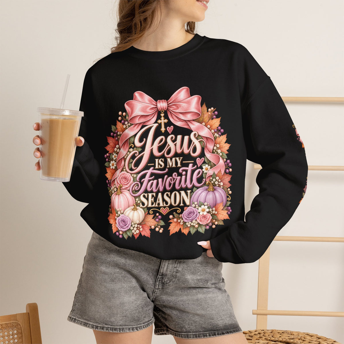 Jesus Is My Favorite Season sweatshirt in black lifestyle view