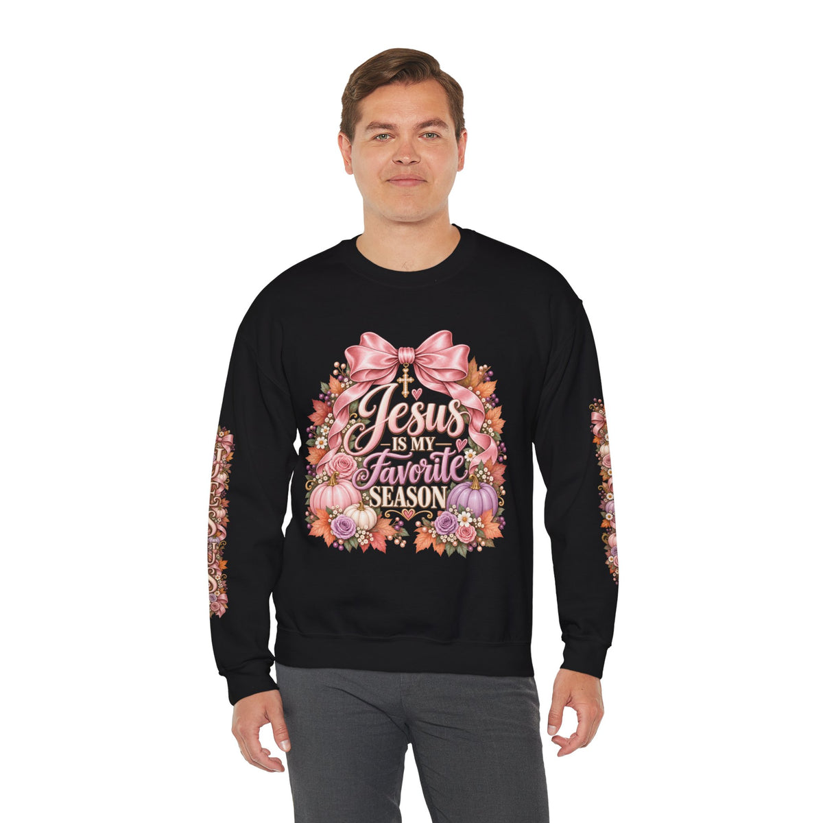 Jesus Is My Favorite Season sweatshirt in black on model