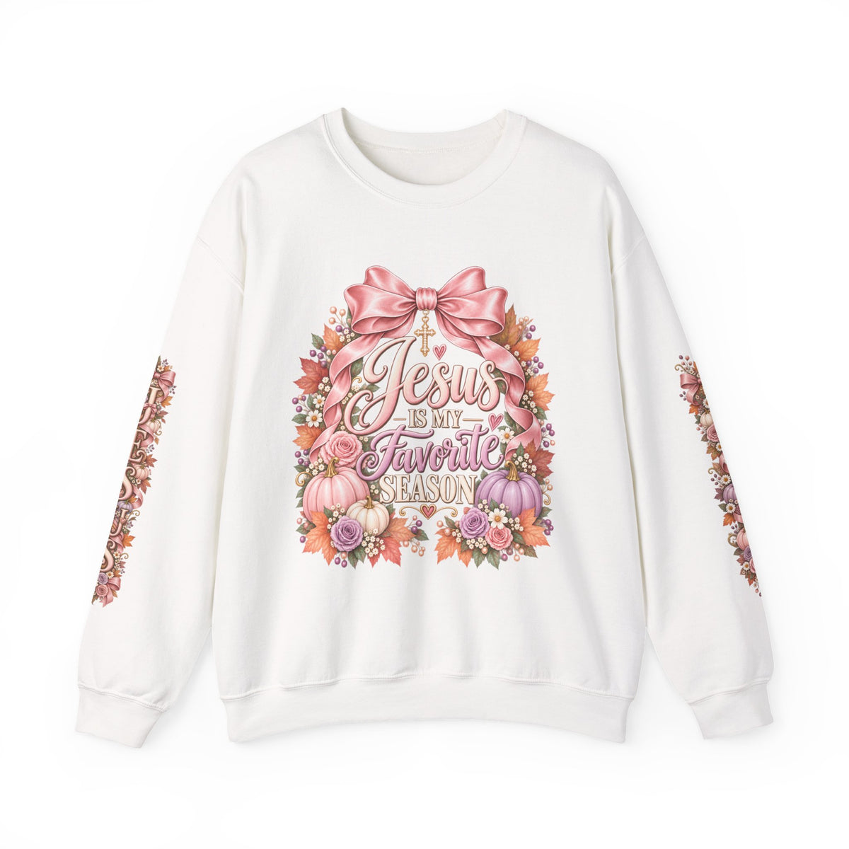 Jesus Is My Favorite Season sweatshirt front view in white