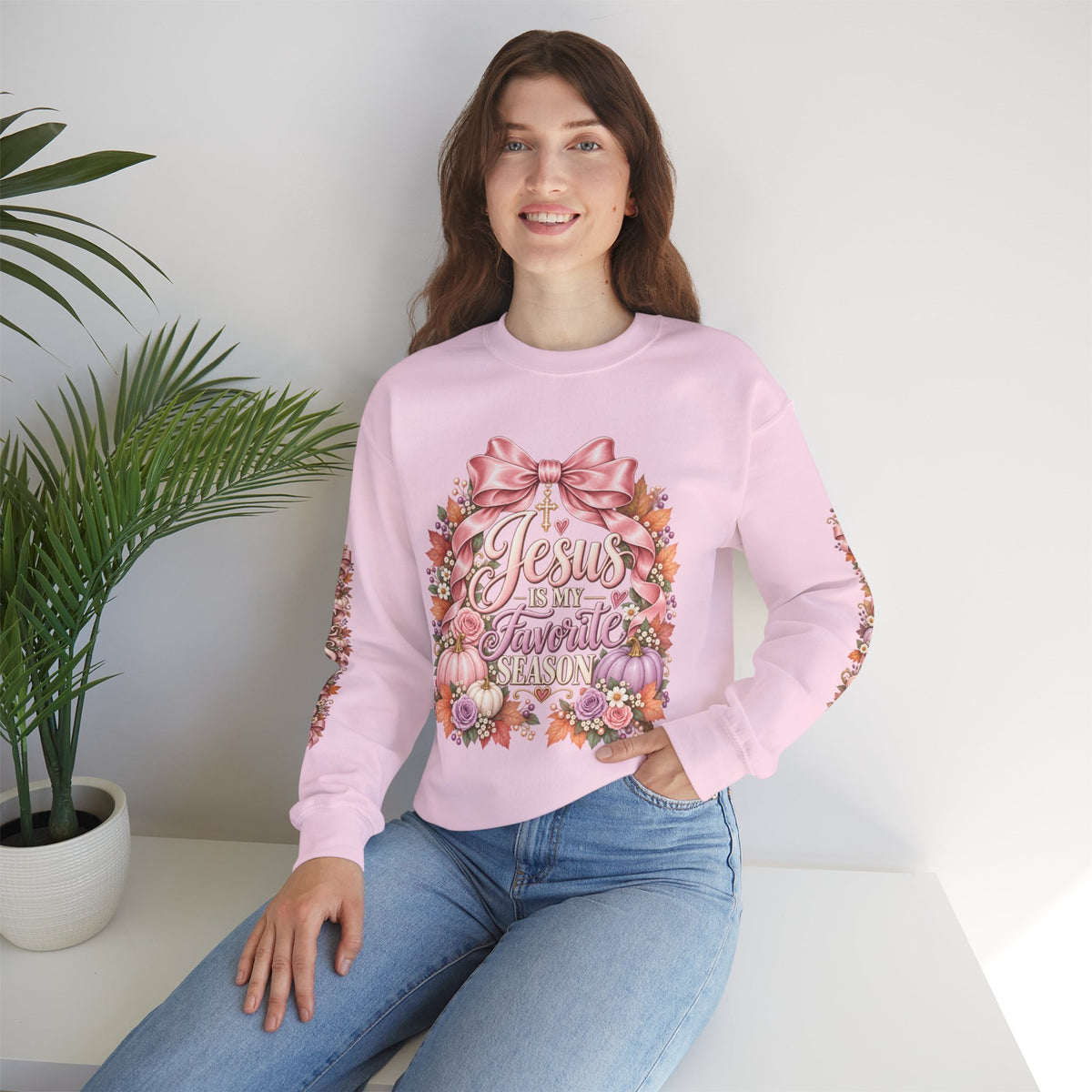 Jesus Is My Favorite Season sweatshirt in light pink lifestyle view