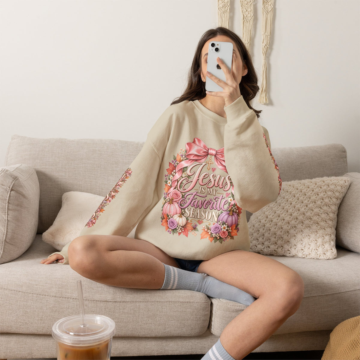 Jesus Is My Favorite Season sweatshirt in sand lifestyle view