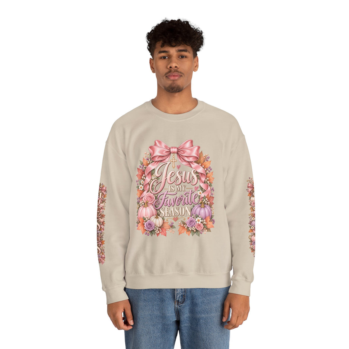 Jesus Is My Favorite Season sweatshirt in sand on model