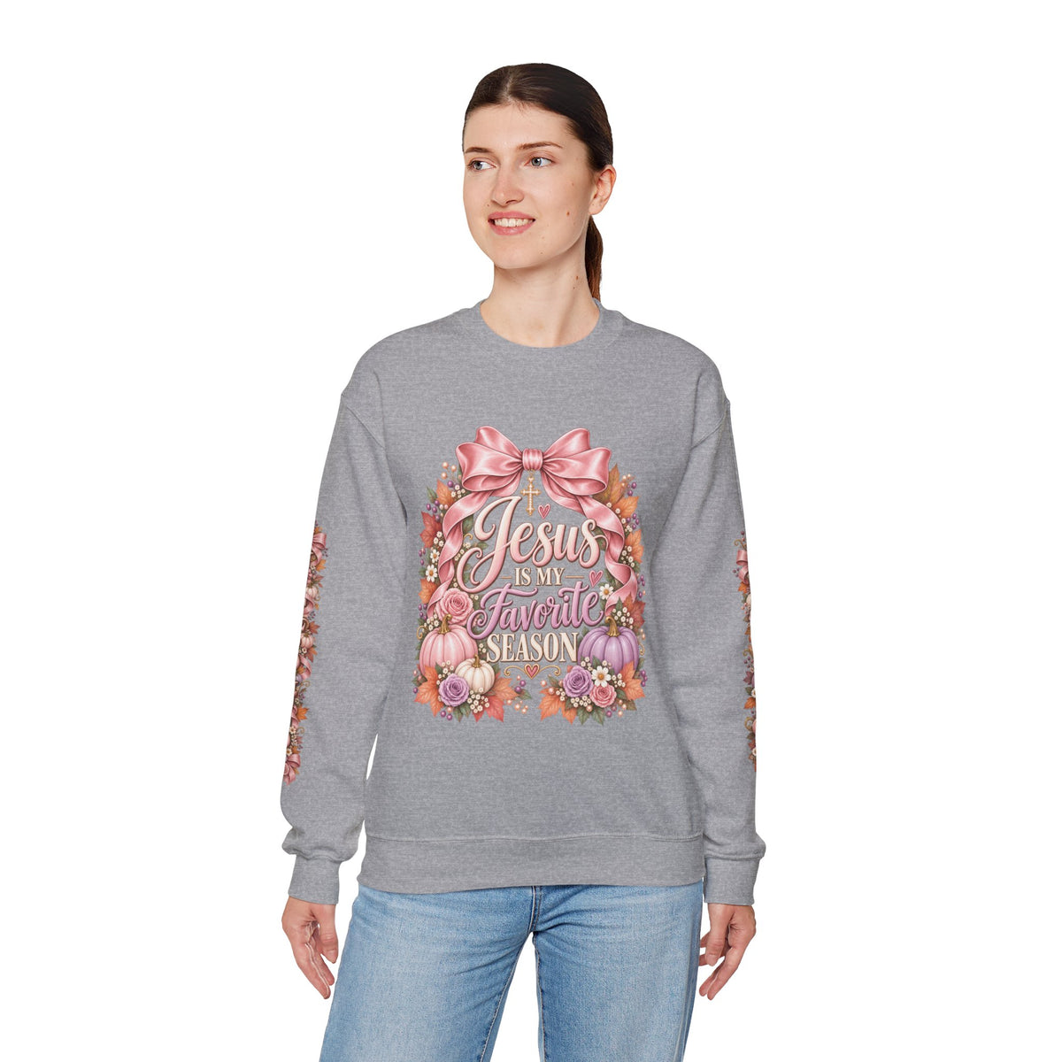 Jesus Is My Favorite Season sweatshirt in sport grey on model