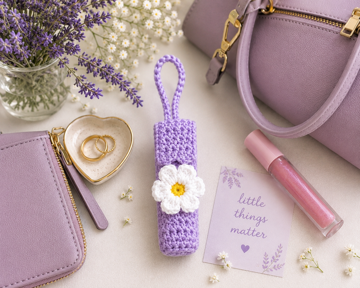 Lavender Daisy handmade crochet lip gloss holder styled lifestyle mockup