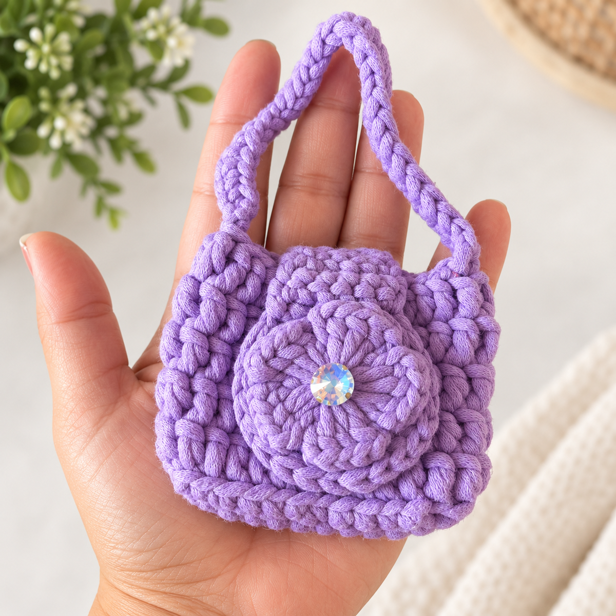 Lavender Flower Mini Crochet Purse shown in hand for size reference