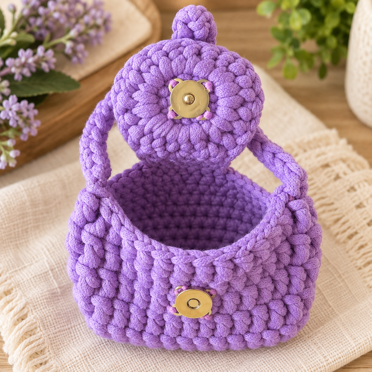 Lavender Flower Mini Crochet Purse open interior with magnetic snap
