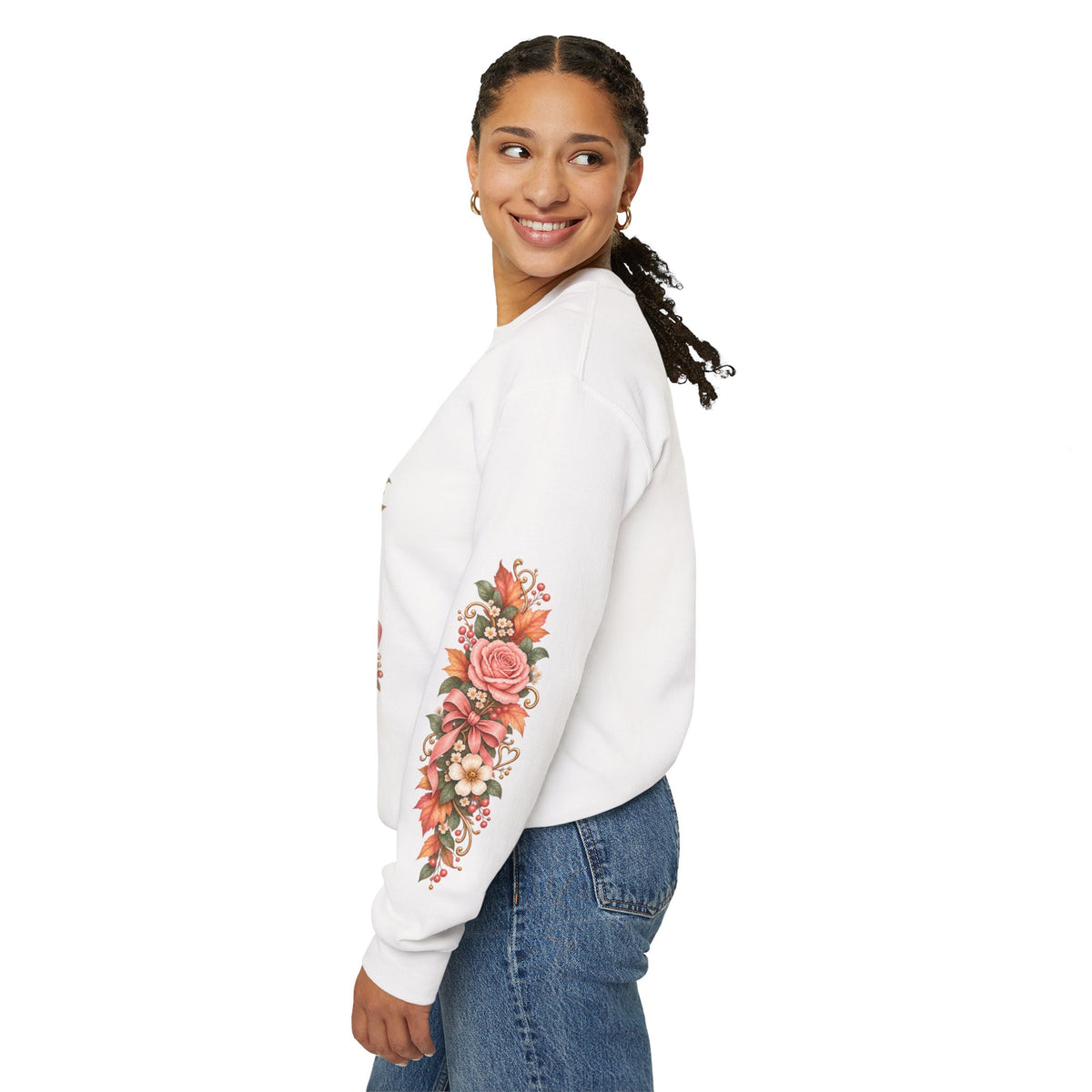 Leaves May Fall His Love Remains sweatshirt left sleeve detail in white