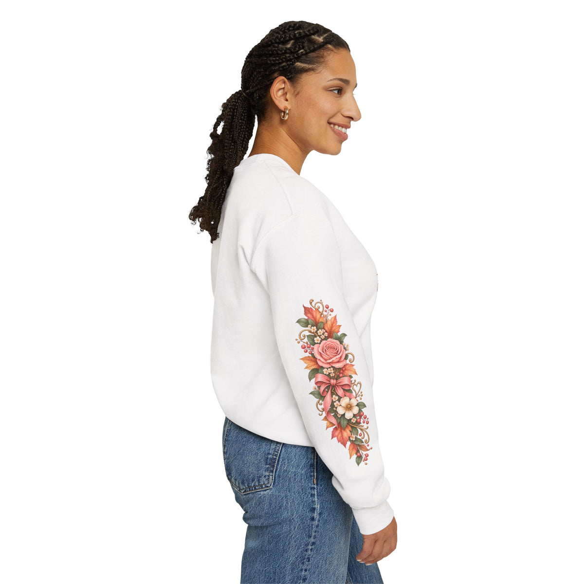 Leaves May Fall His Love Remains sweatshirt right sleeve detail in white