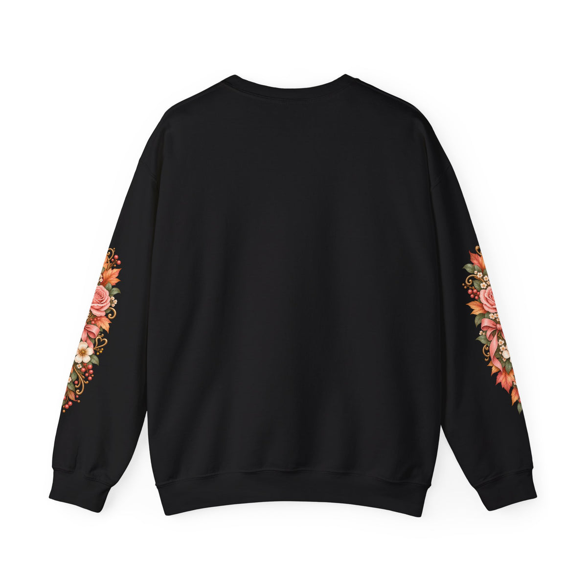 Leaves May Fall His Love Remains sweatshirt back view in black with sleeve designs