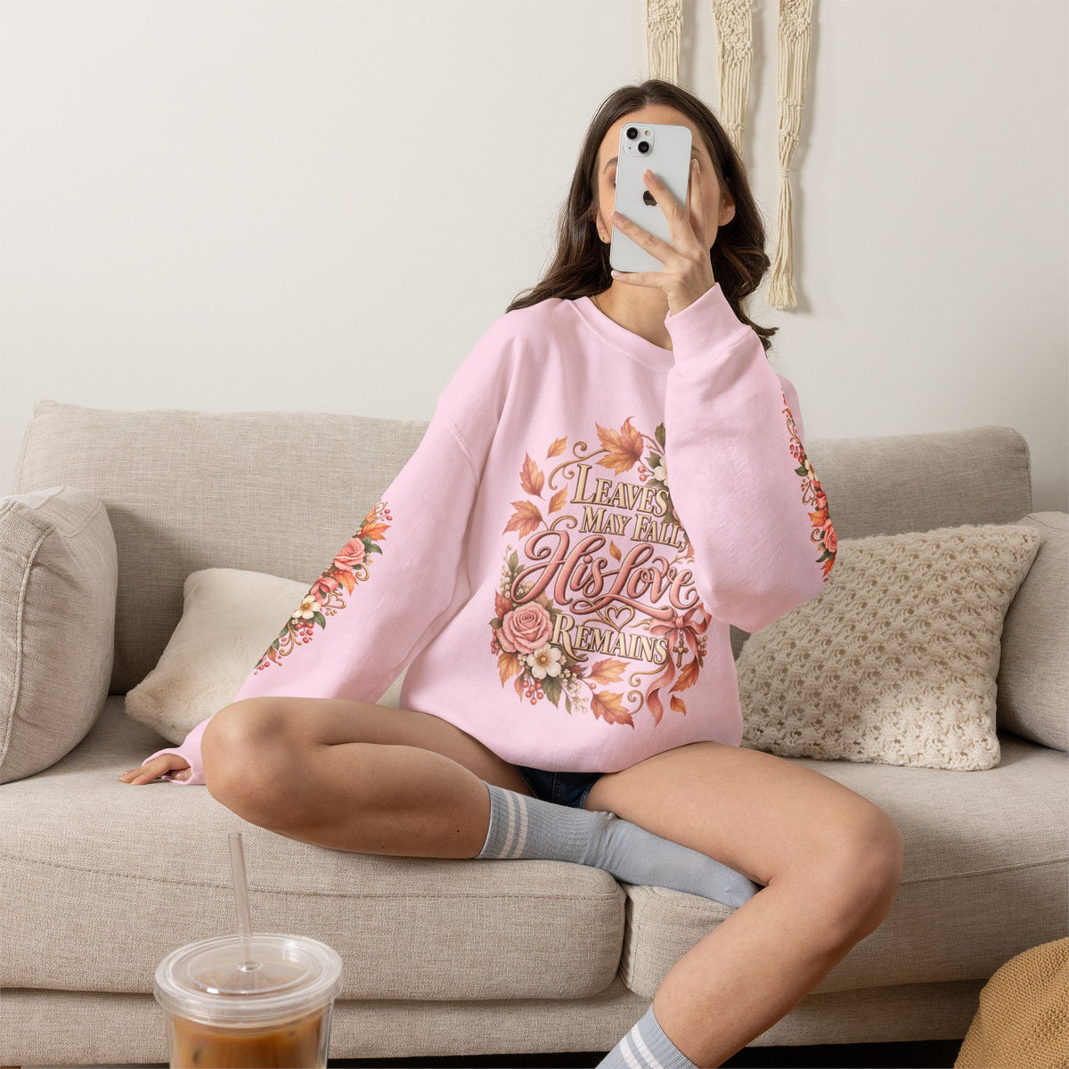 Leaves May Fall His Love Remains sweatshirt in light pink lifestyle view