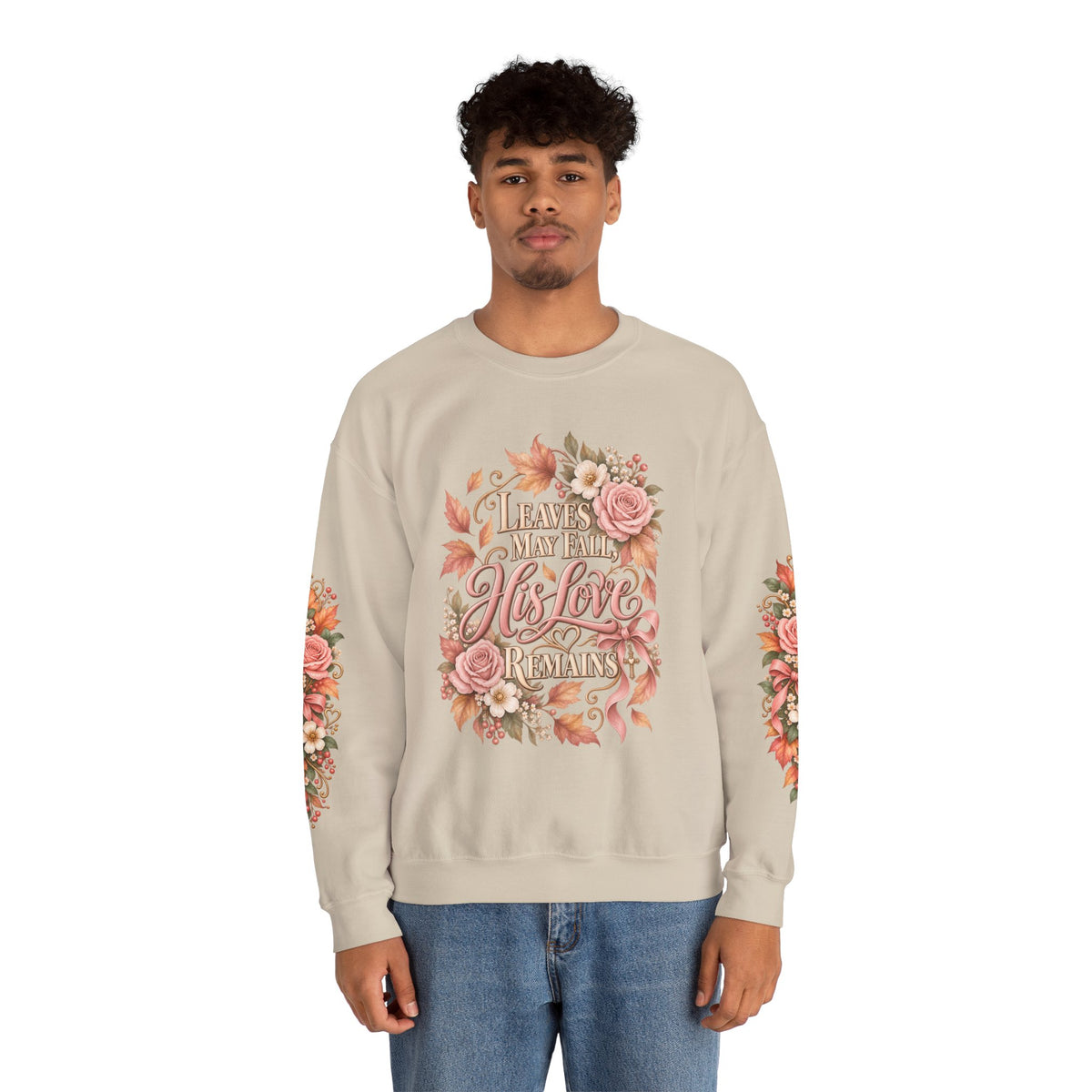 Leaves May Fall His Love Remains sweatshirt in sand on model